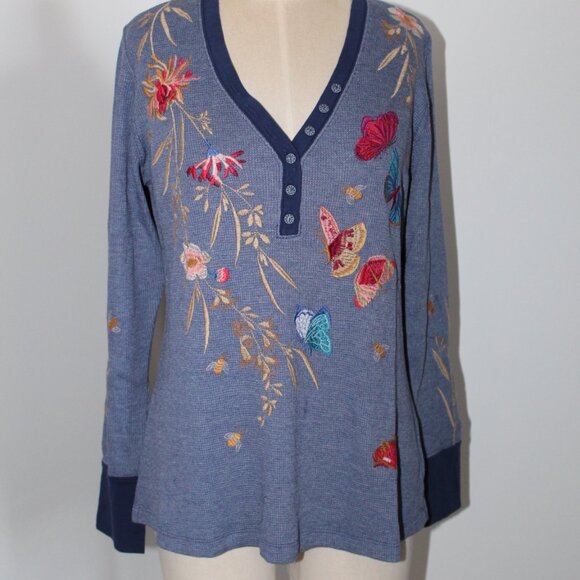 NWT Johnny Was Biya Workshop JWLA Aria V-Neck Embroidered Thermal Top Tee L/S - Picture 1 of 8